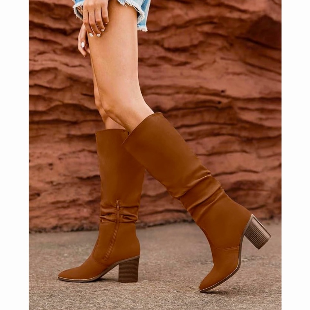 Suede Pointed Toe Mid Chunky Heel Side Zipper Knee High Boots